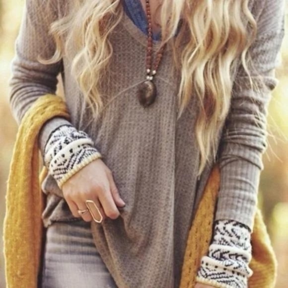 Free People Sunset Park Thermal Long Sleeve Waffle Knit Taupe - Picture 11 of 11